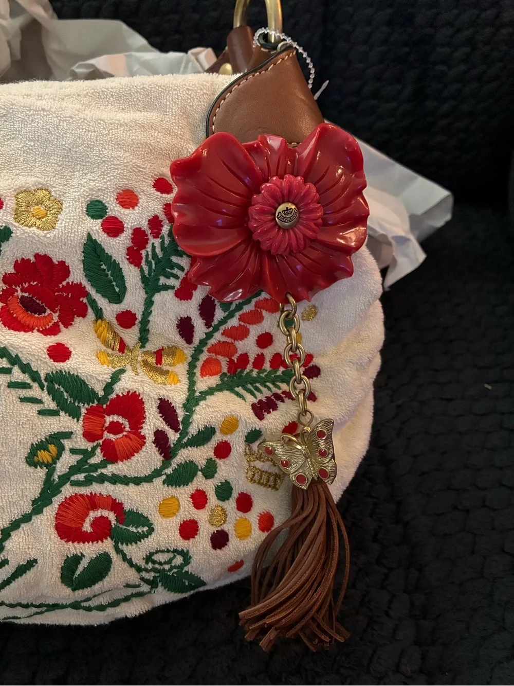 Juicy Couture Cream Embroidered Floral Shoulder Bag with Brown Braided Strap